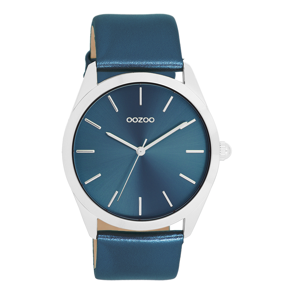 Silver coloured OOZOO watch with blue leather strap – C11337