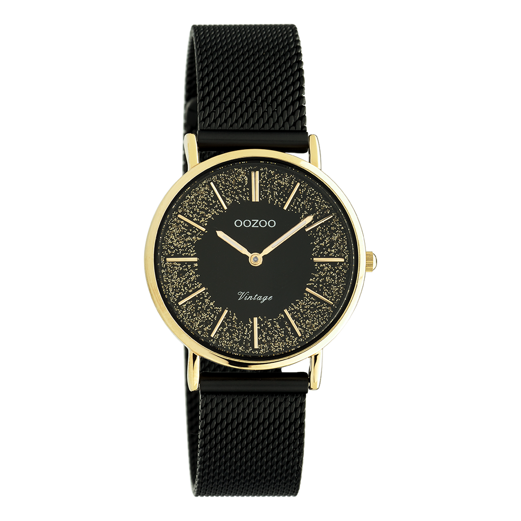 Gold coloured OOZOO watch with black metal mesh bracelet - C20189