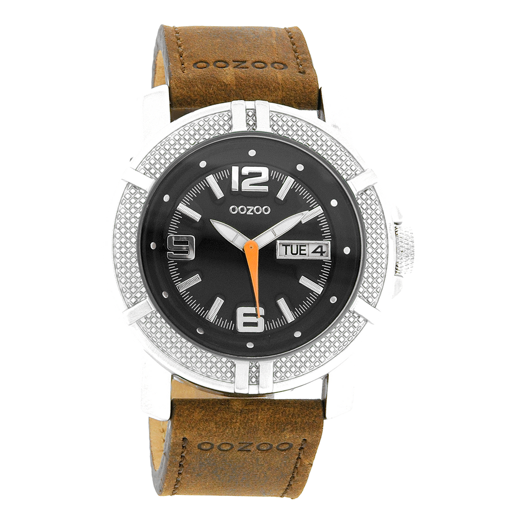 Silver coloured OOZOO watch with cognac leather strap - C4107