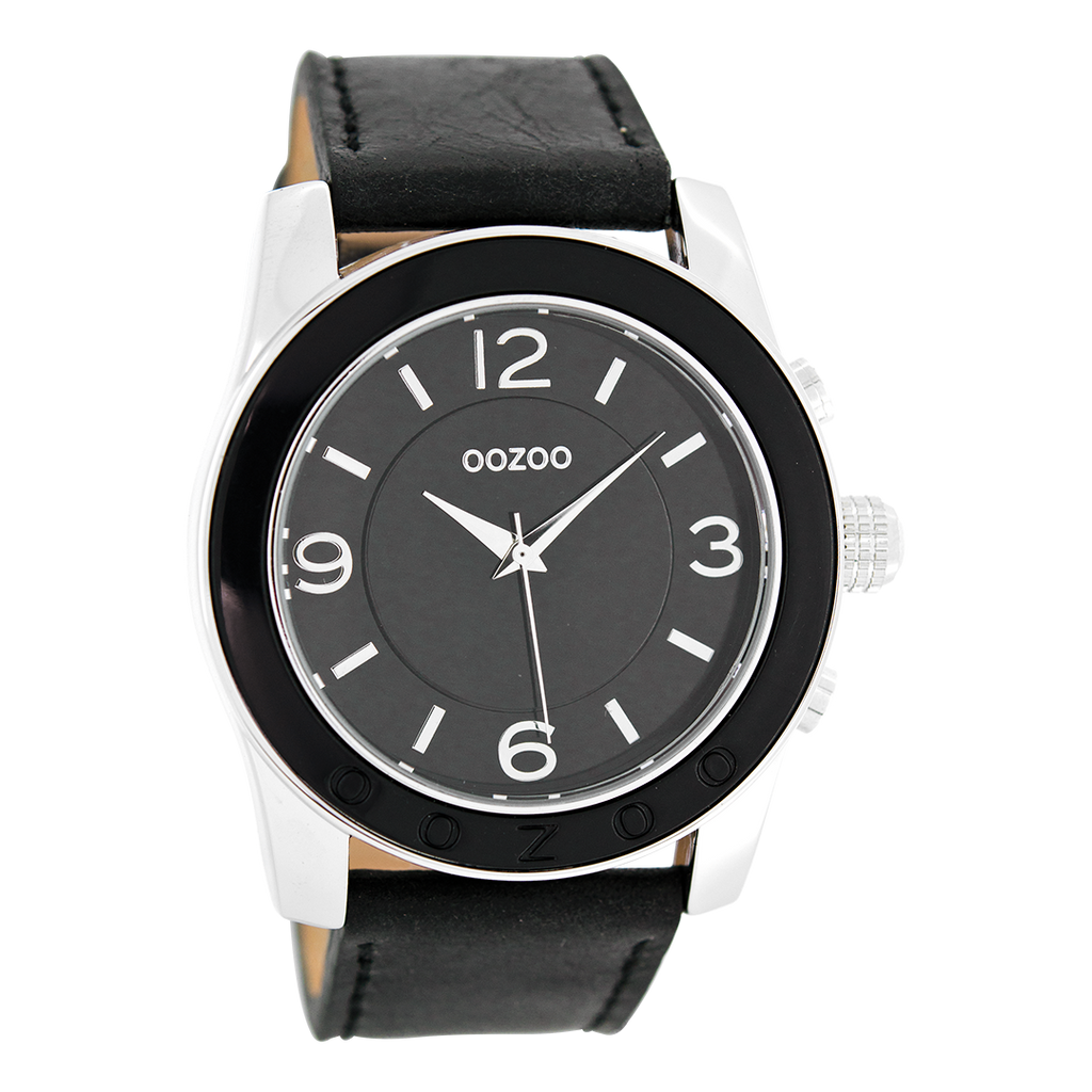 Silver coloured OOZOO watch with black leather strap - C5390