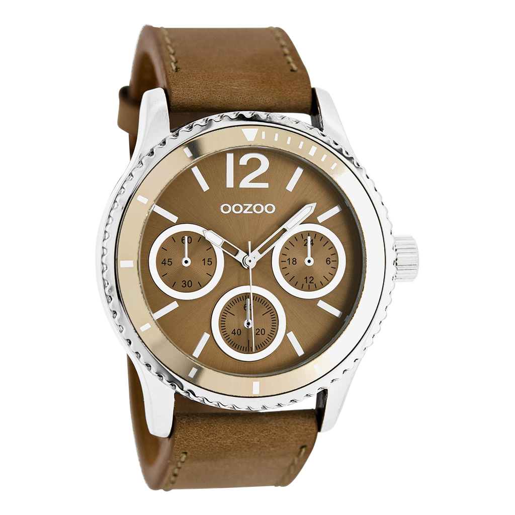 Silver coloured OOZOO watch with brown  leather strap - C5677