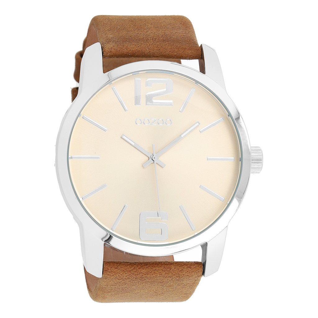 Silver coloured OOZOO watch with brown  leather strap - C6701