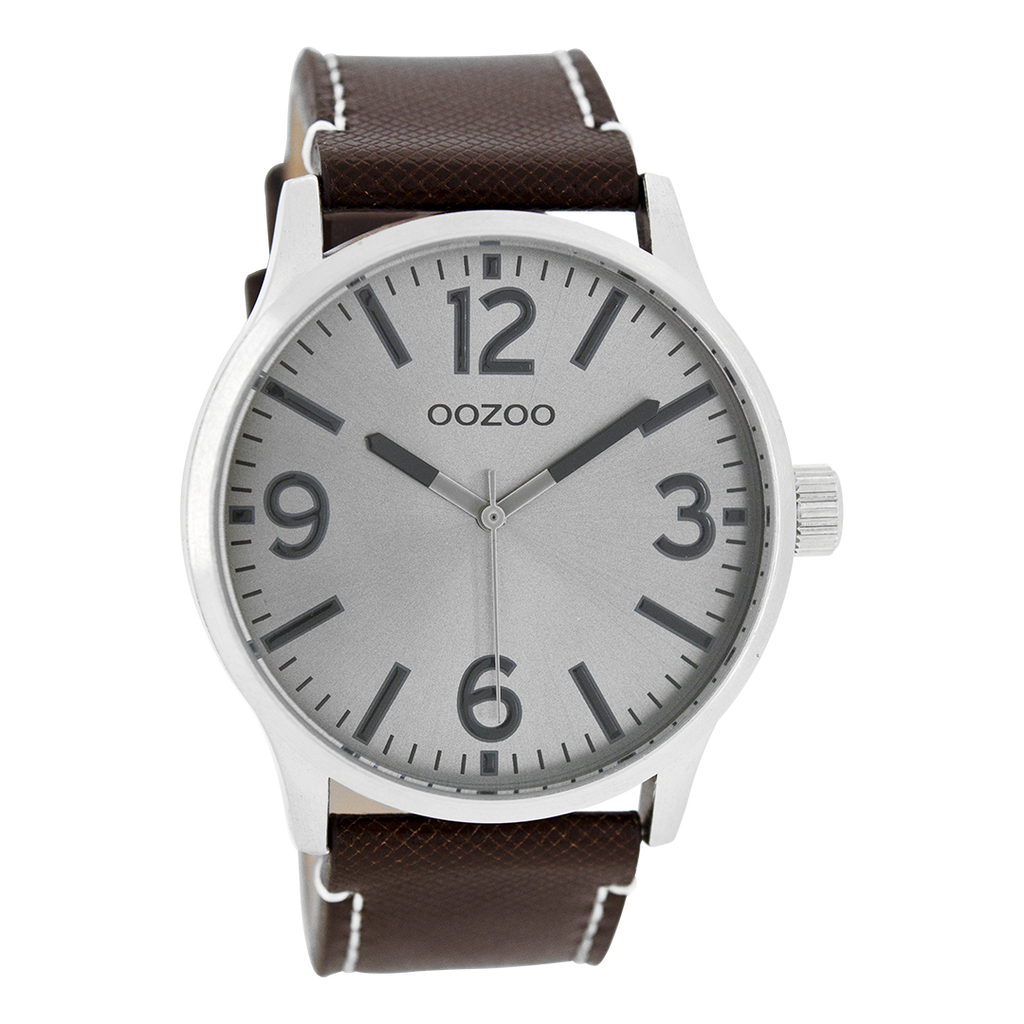 Silver coloured OOZOO watch with dark brown leather strap - C7407