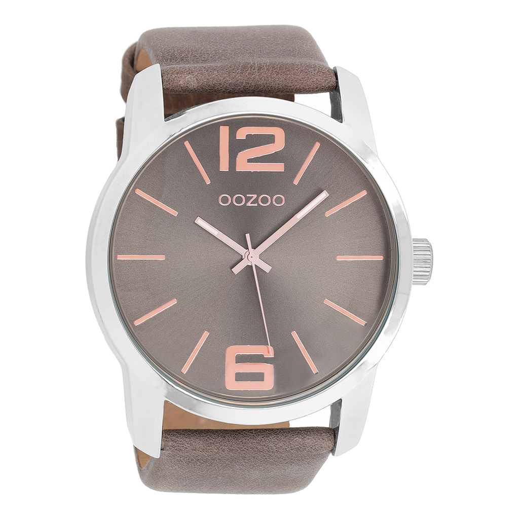 Silver coloured OOZOO watch with taupe leather strap - C7413