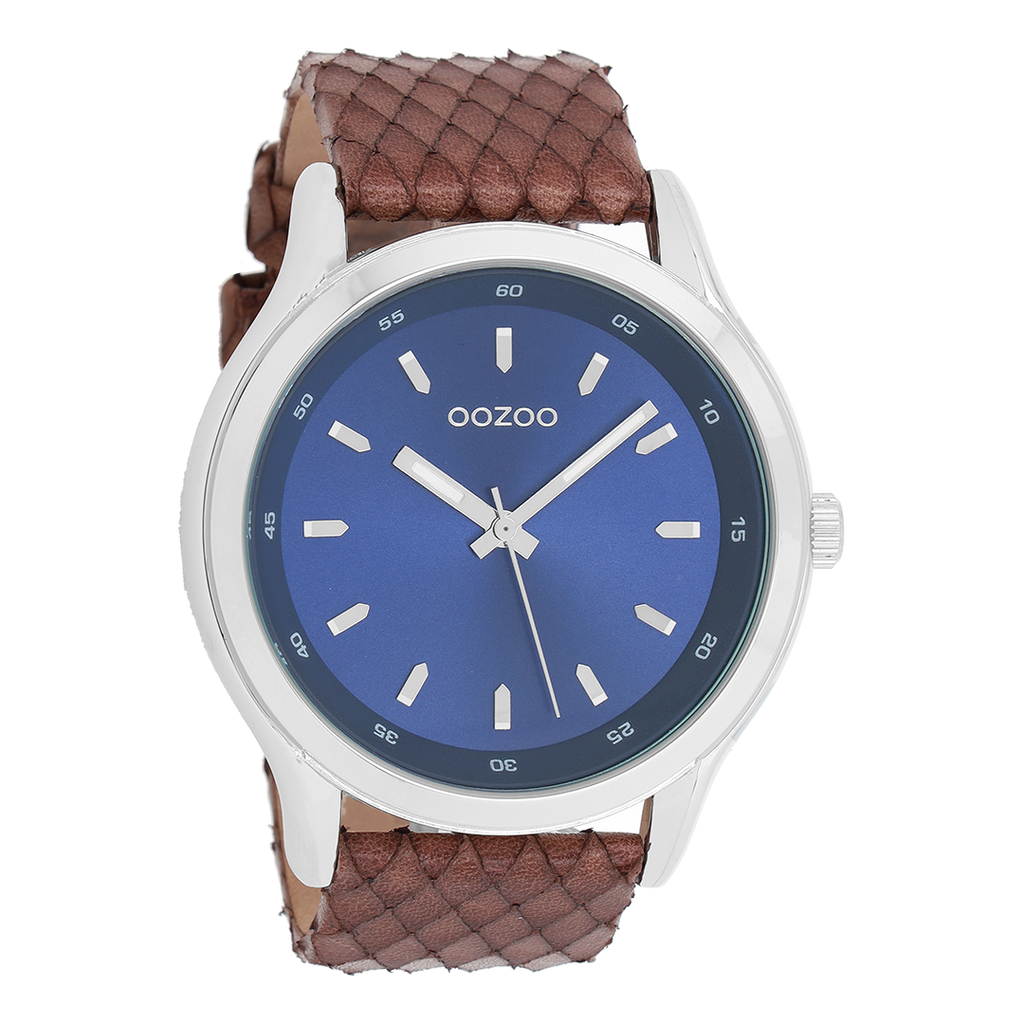 Silver coloured OOZOO watch with brown  leather strap - C7432