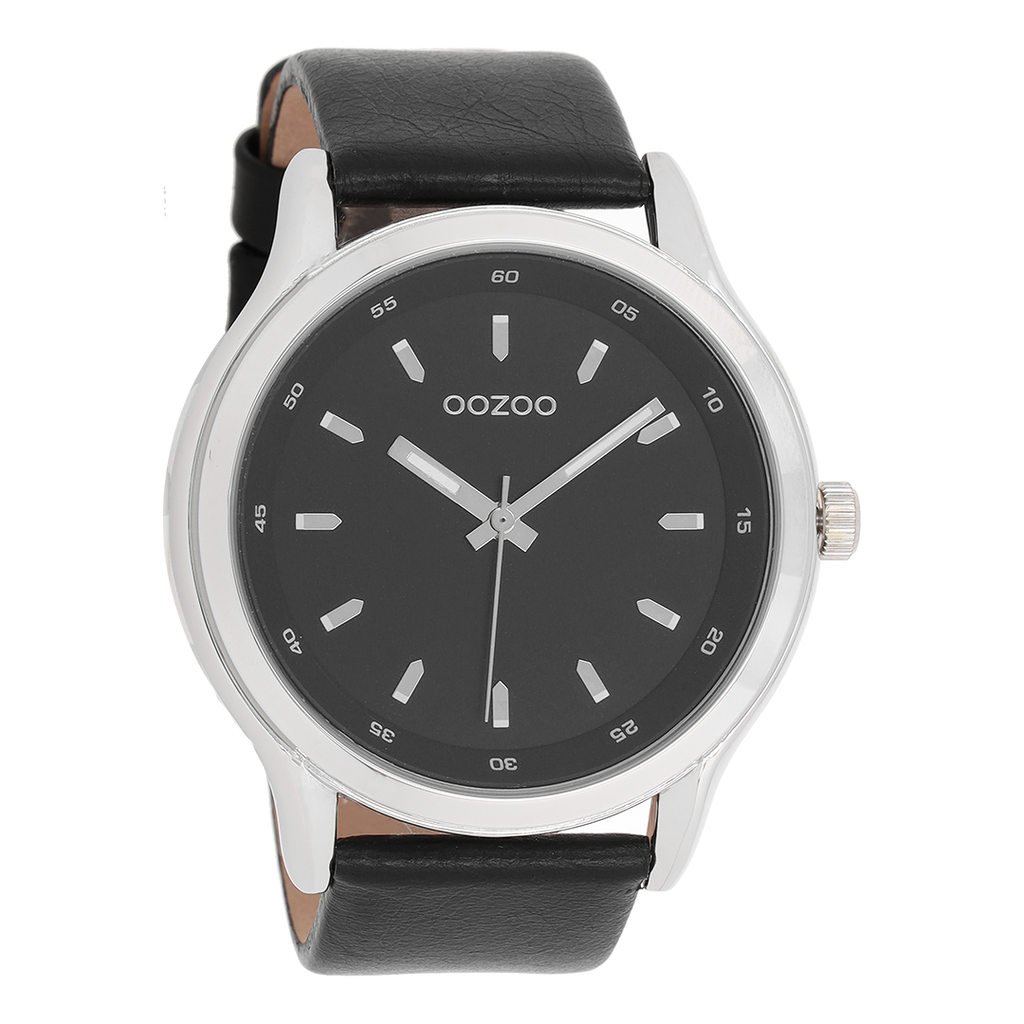 Silver coloured OOZOO watch with black leather strap - C7434