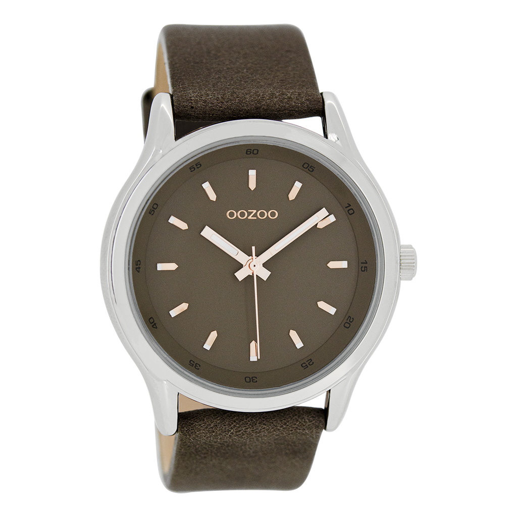 Silver coloured OOZOO watch with dark brown leather strap - C7439