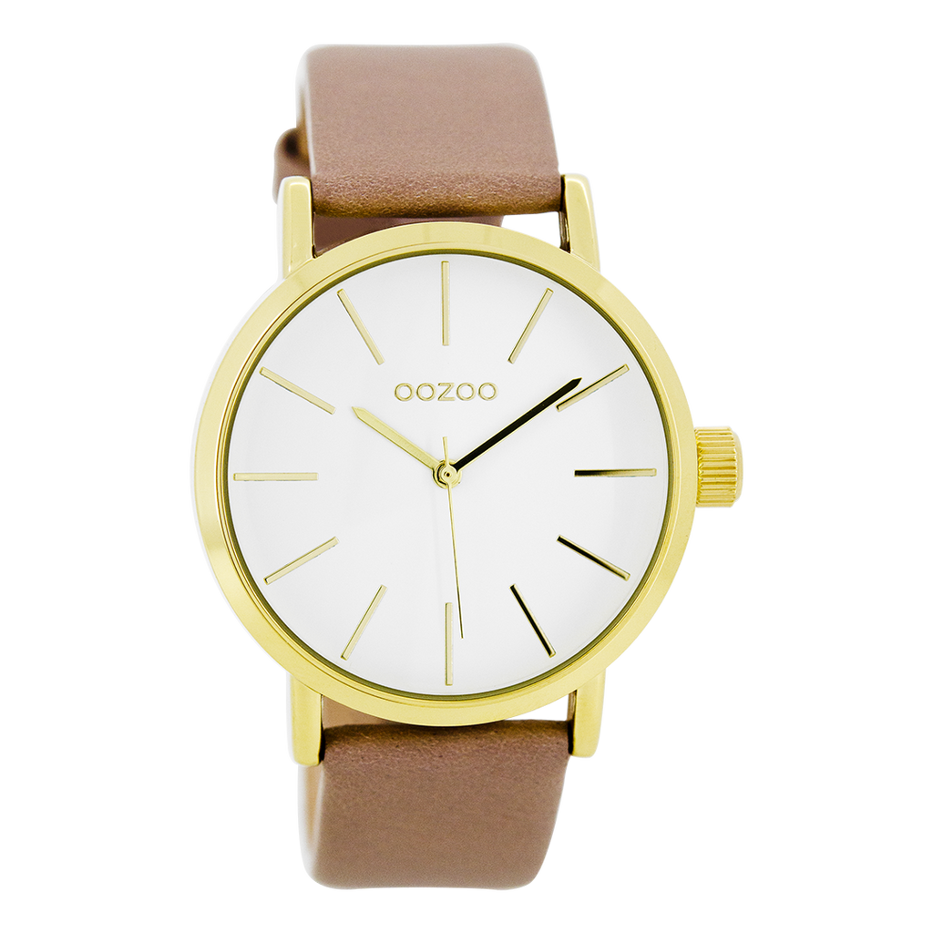 Gold coloured OOZOO watch with pink grey  leather strap - C7680