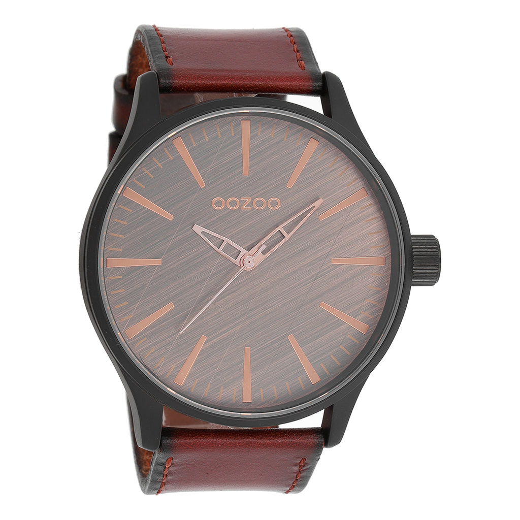 Black OOZOO watch with red brown leather strap - C7862