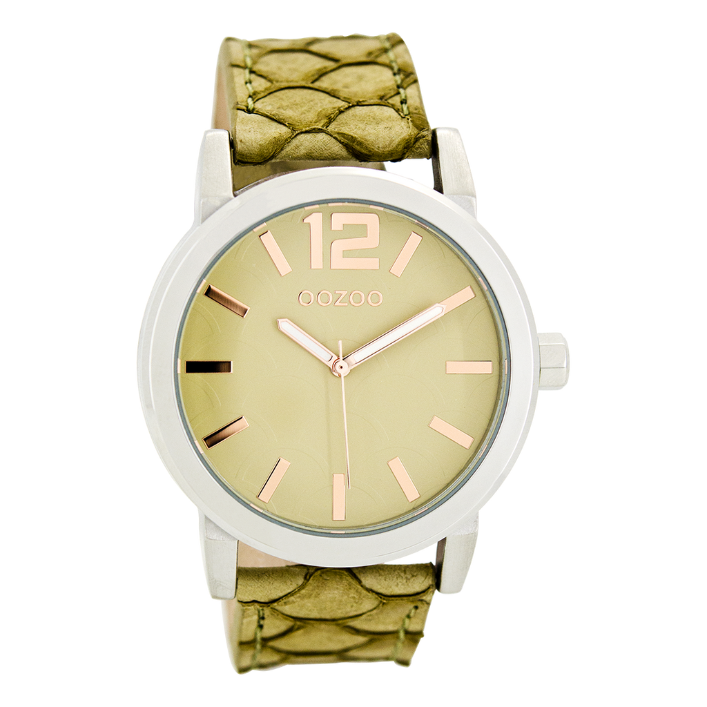 Silver coloured OOZOO watch with sand/light green leather strap - C7995