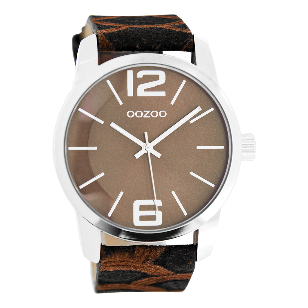 Silver coloured OOZOO watch with brown  leather strap - C8042