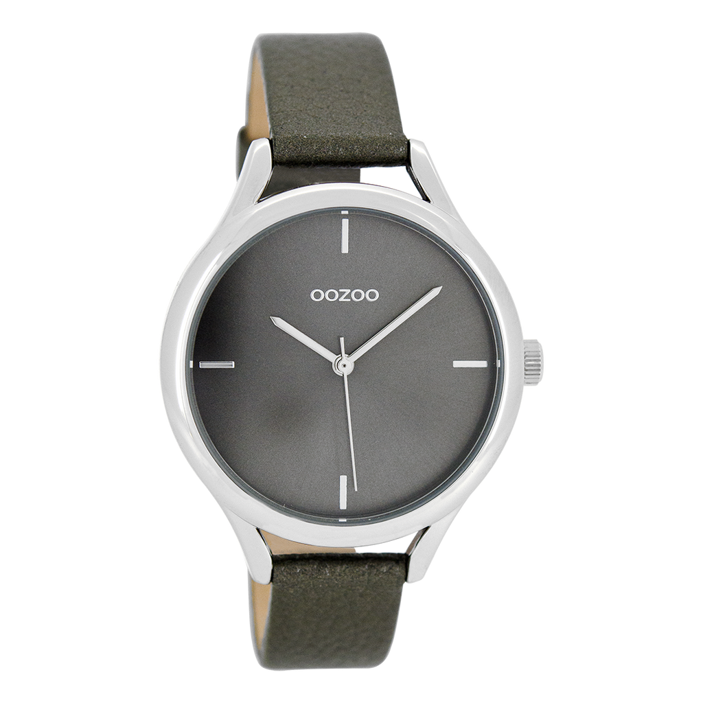 Silver coloured OOZOO watch with grey leather strap - C8348