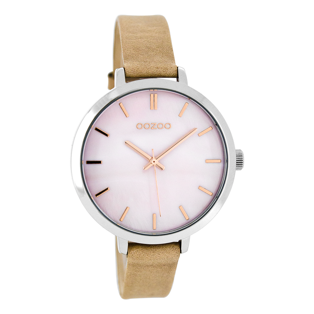 Silver coloured OOZOO watch with pink grey  leather strap - C8356