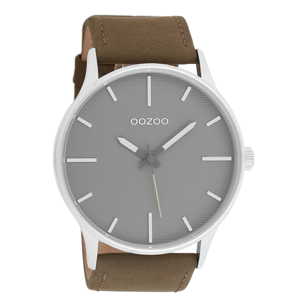 Silver coloured OOZOO watch with green leather strap - C8553