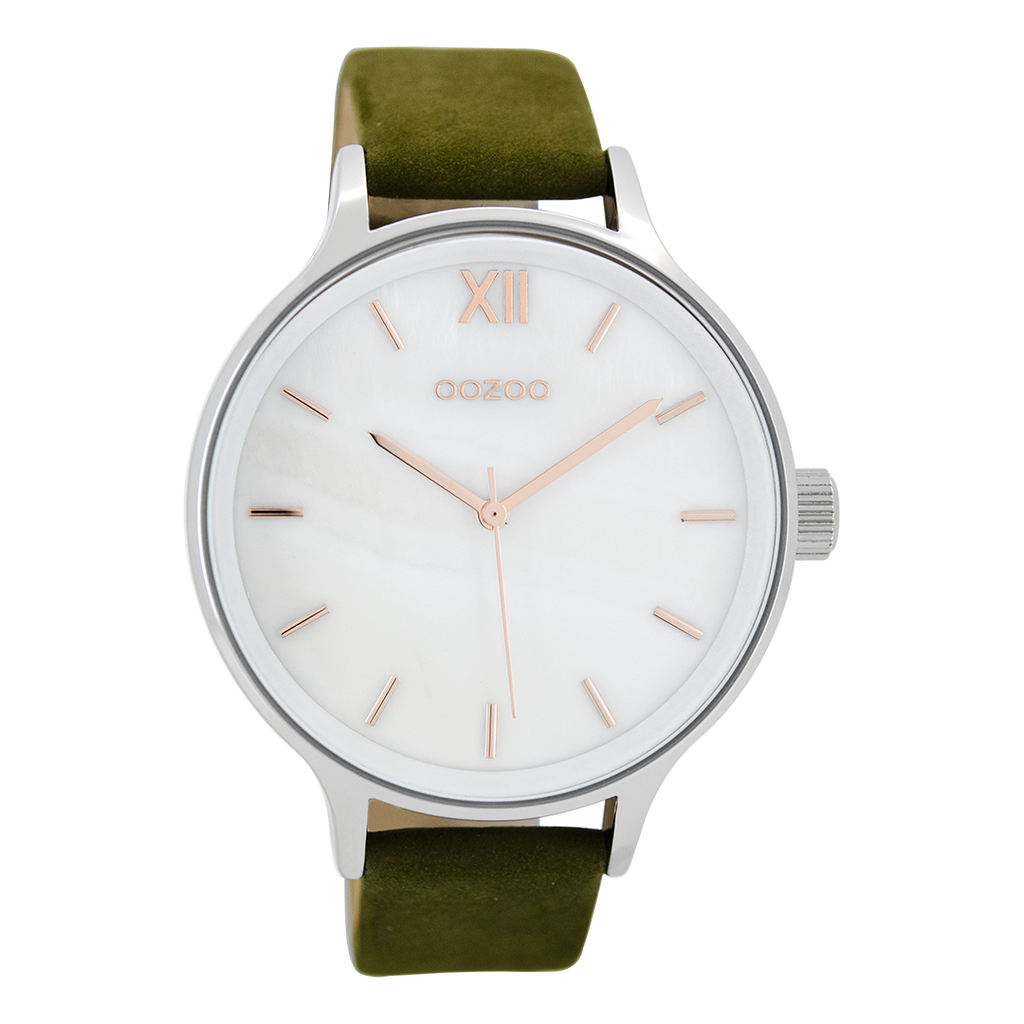 Silver coloured OOZOO watch with green leather strap - C8603