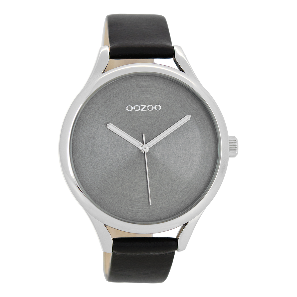 Silver coloured OOZOO watch with black leather strap - C8634