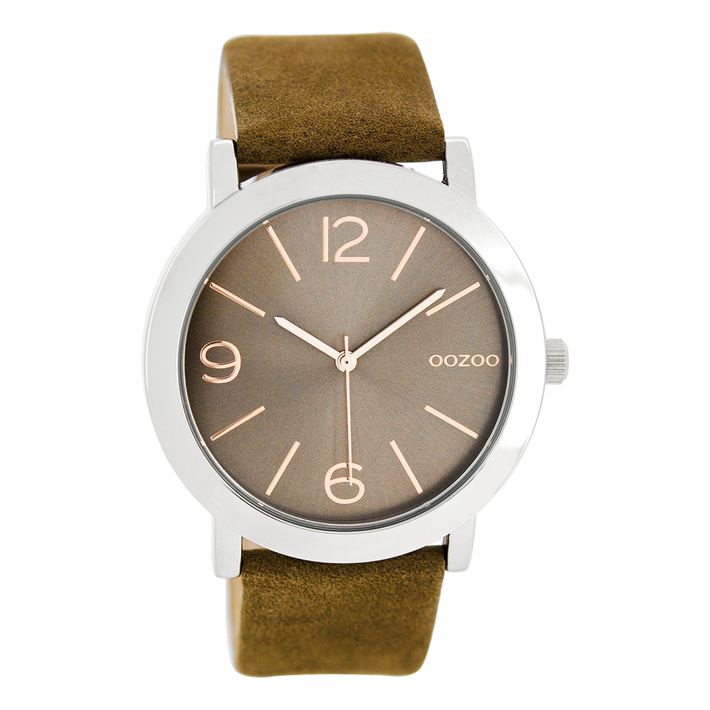 Silver coloured OOZOO watch with brown  leather strap - C8713