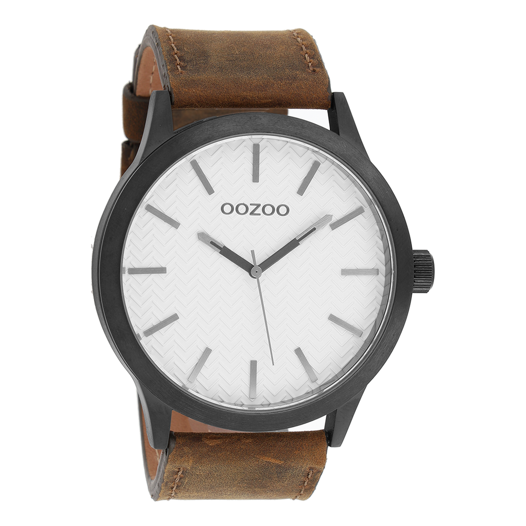 Black OOZOO watch with dark brown leather strap - C9011