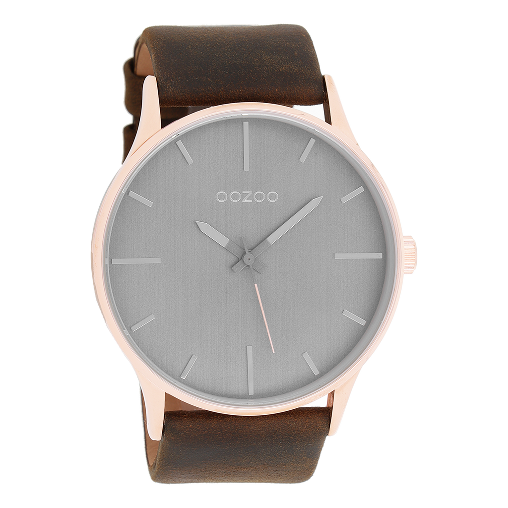 Rose gold coloured OOZOO watch with dark brown leather strap - C9053