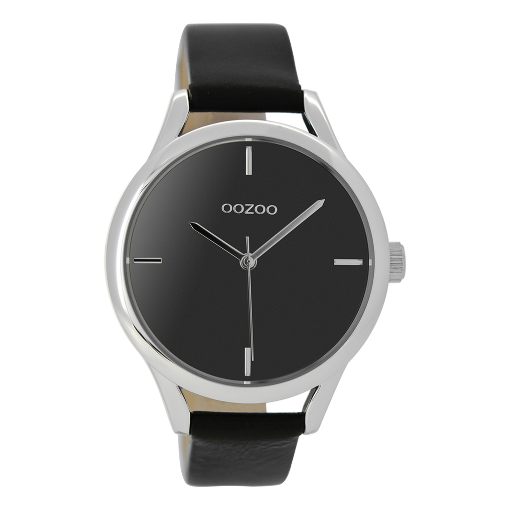 Silver coloured OOZOO watch with black leather strap - C9144