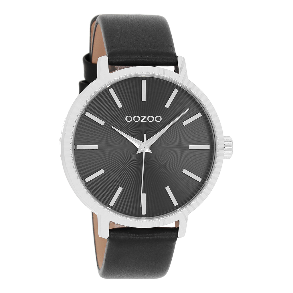 Silver coloured OOZOO watch with black leather strap - C9199