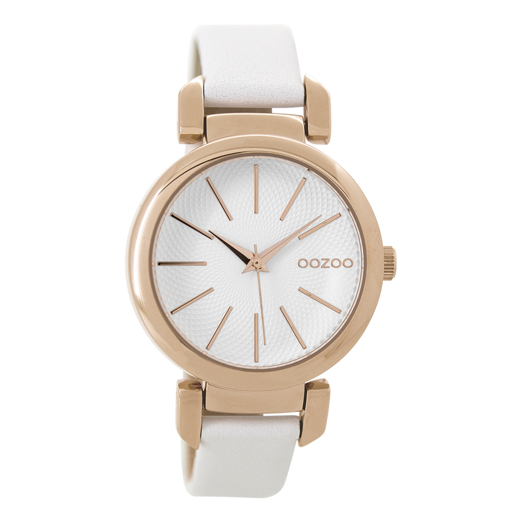 Rose gold coloured OOZOO watch with white leather strap - C9485