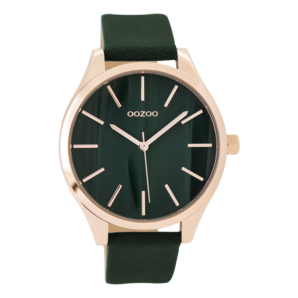 Rose gold coloured OOZOO watch with dark green leather strap - C9503