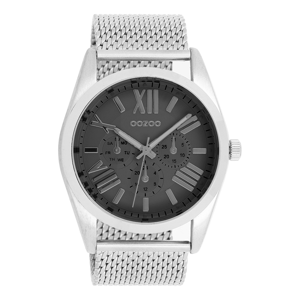 Silver coloured OOZOO watch with silver coloured metal mesh bracelet - C9643