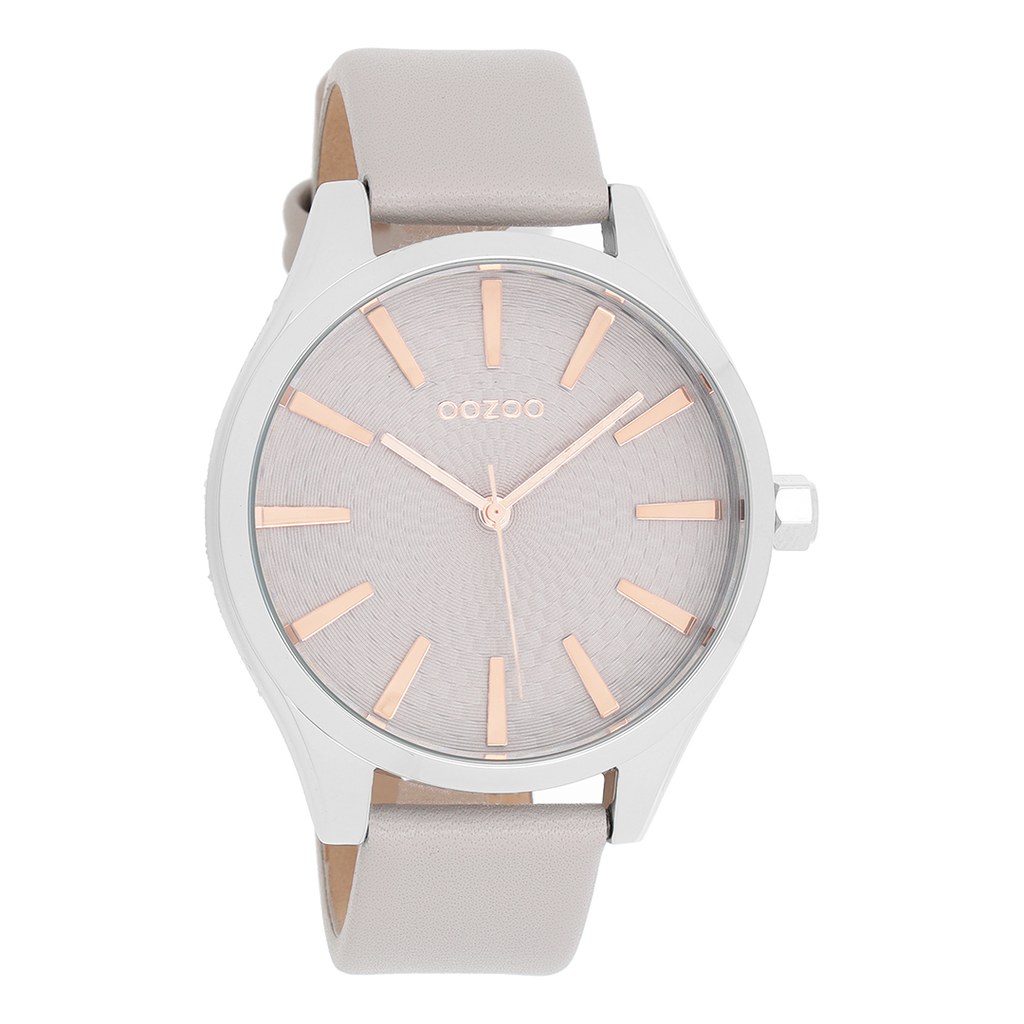 Silver coloured OOZOO watch with light grey leather strap - C9685