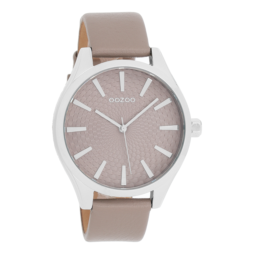 Silver coloured OOZOO watch with taupe leather strap - C9687